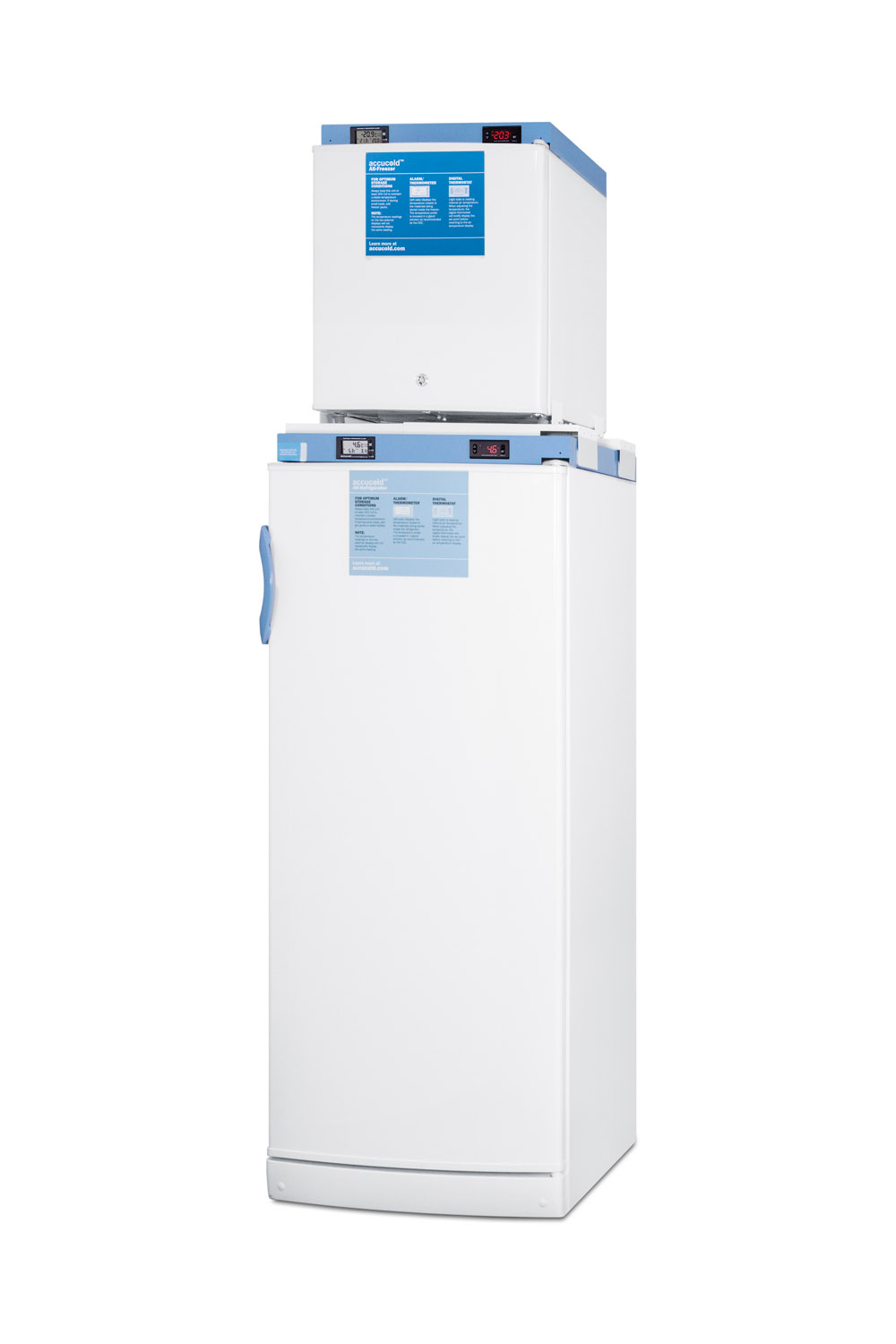 Stacked combination of FFAR10MED2 auto defrost all-refrigerator and FS24LMED2 compact manual defrost all-freezer, both with locks, digital controls, and NIST calibrated alarm/thermometers
